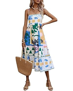 Women Summer Dress Print Spaghetti Strap Backless Midi Dress Casual Fashion Sleeveless Cami Dress | Amazon (US)