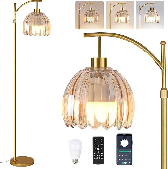 Glass Floor Lamp for Living Room,Bedroom,Gold Dimmable Standing Lamp with Remote,Mid Century Mode... | Amazon (US)