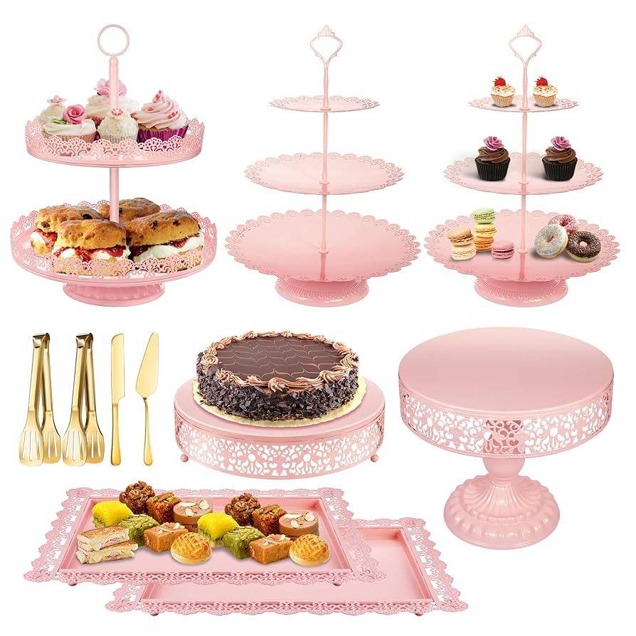 Pink Dessert Table Display Set Cake Stand, Metal Tiered Cupcake Holder Food Candy Plate Serving T... | Amazon (US)