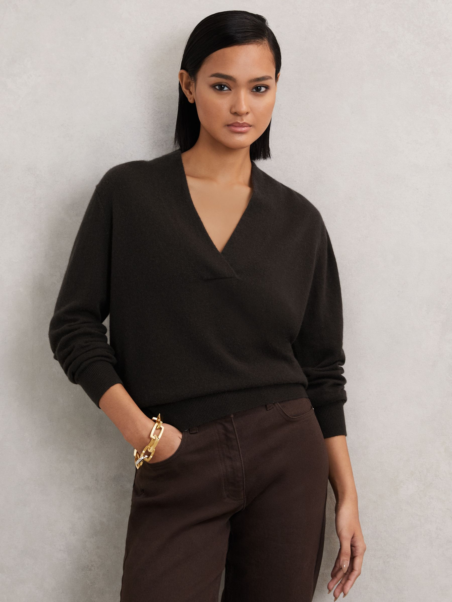 Reiss Cashmere V-Neck Jumper in Chocolate Brown | REISS | Reiss US