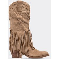 Bambie Fringe Detail Mid Calf Western Cowboy Boot In Beige Faux Suede, Women's Size UK 4 | EGO (UK)