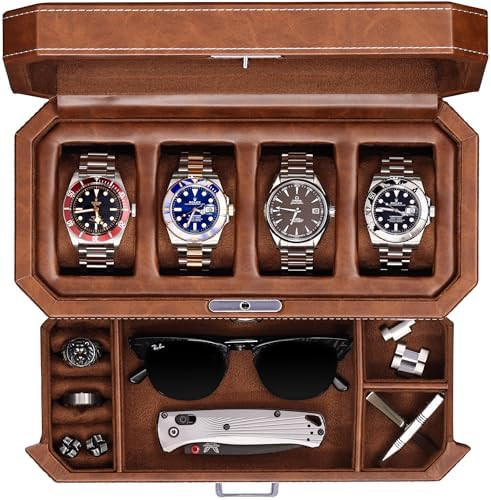 ROTHWELL 4 Slot Leather Watch Box with Valet Drawer - Luxury Case Display Jewelry Organizer, Lock... | Amazon (US)