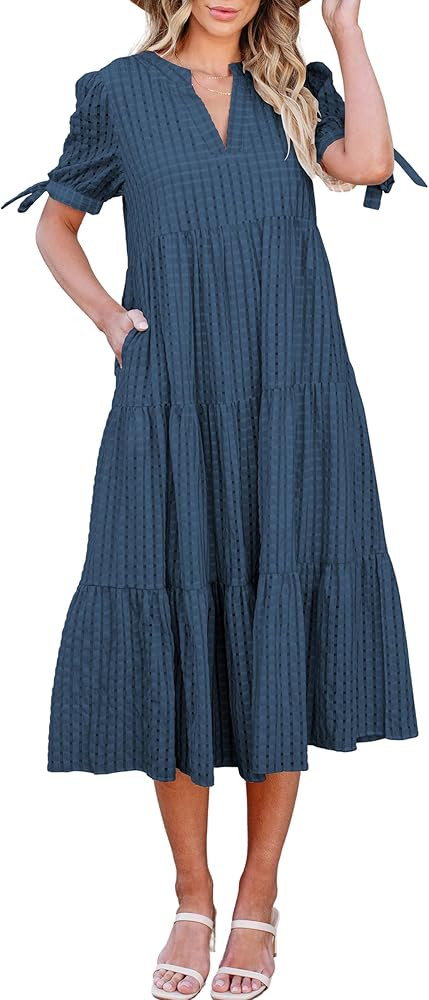 ECOWISH Women Summer Casual Dress - V Neck Short Sleeve Gingham Midi Pleated Tiered Loose Fit Hol... | Amazon (US)