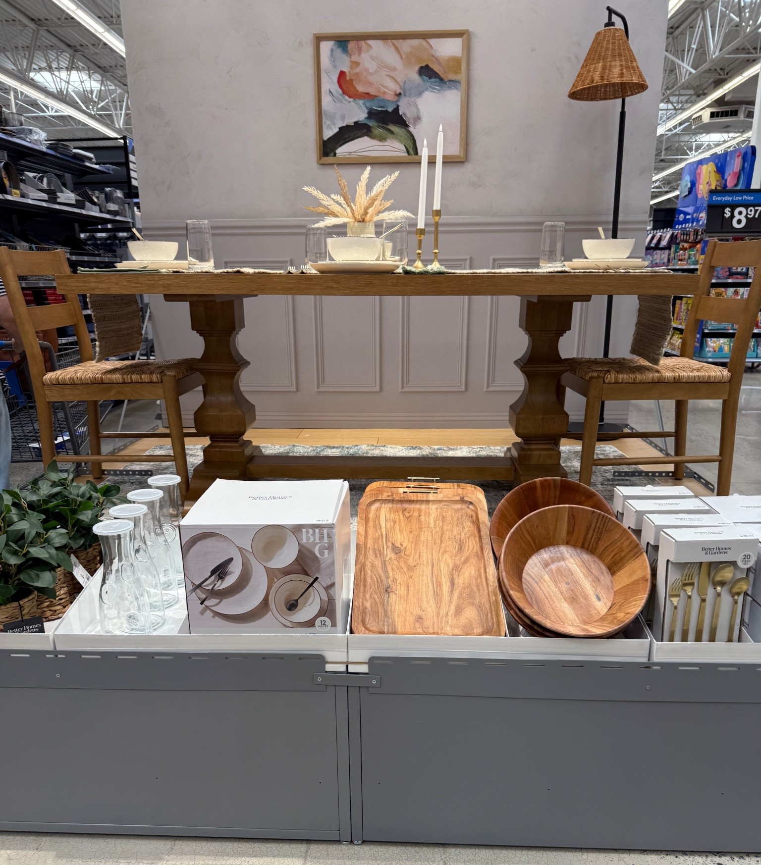 Walmart’s new dining room display with Better Homes and Gardens products. BHG stoneware dinnerware set, cement vase with pampas grass, gold utensils; table runner, wood serving bowl, acacia tray, glass drink ware, floor lamp and faux plant. 

#walmart #betterhomesandgardens 

#LTKFamily #LTKHome