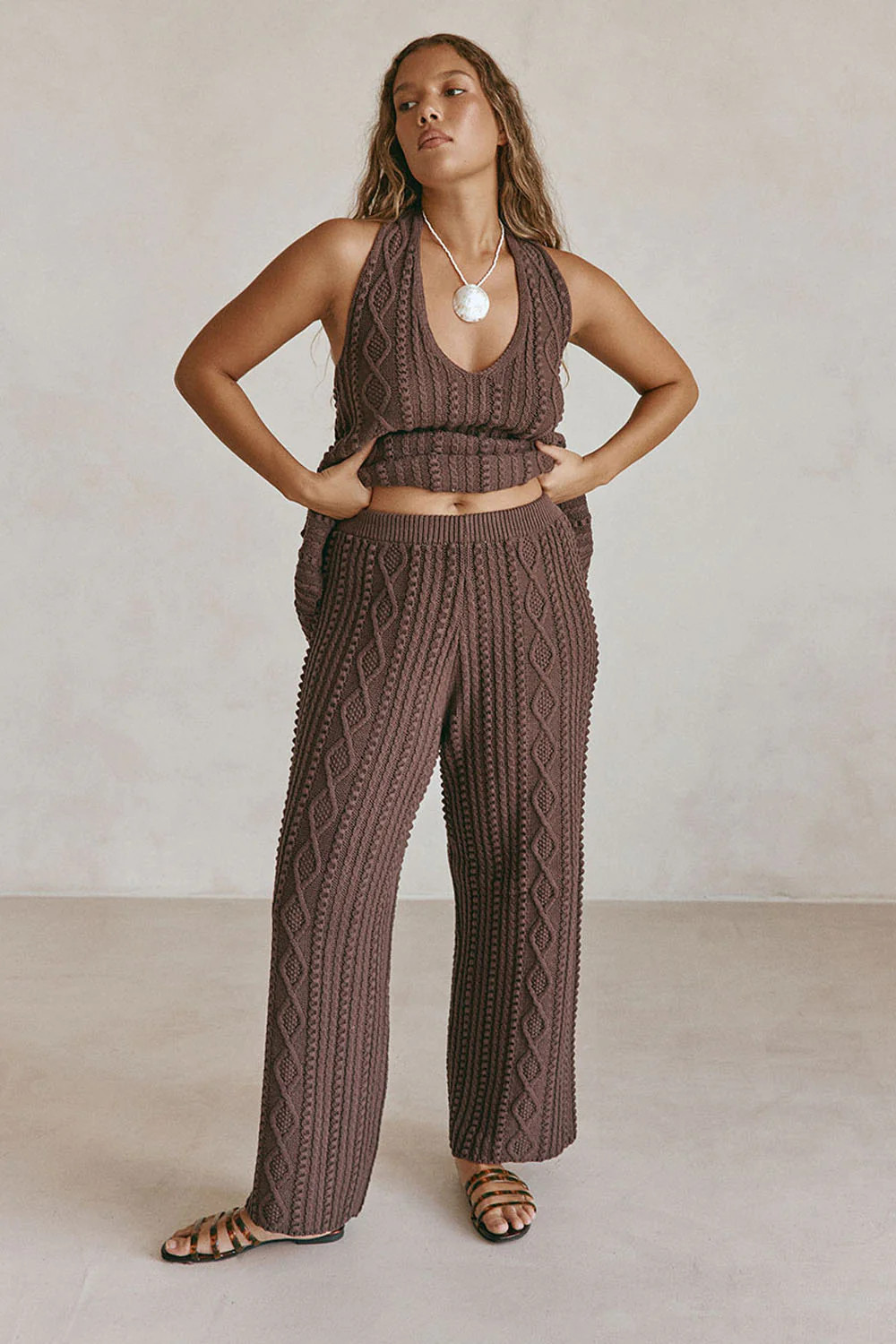 Chocolate Brown Cable Knit Azari Pants | Sabo Skirt US