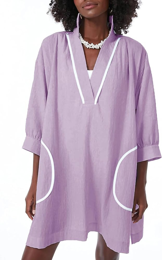 Ailoqing Swimsuit Coverup Womens V Neck 3/4 Sleeve Casual Shirt Dress with Pockets | Amazon (US)