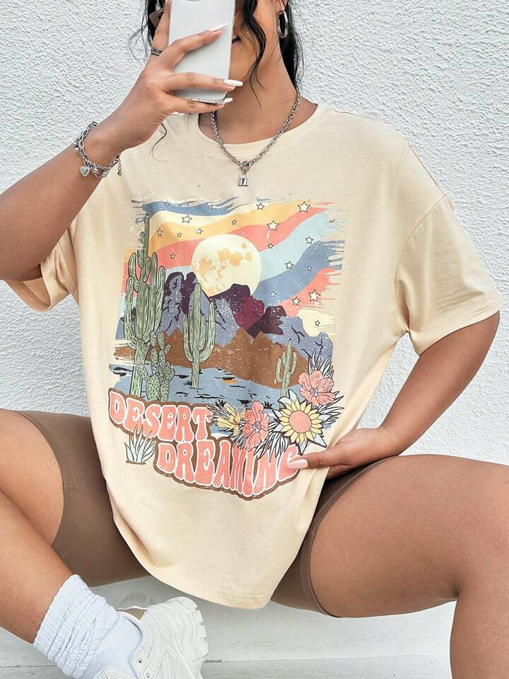 SHEIN EZwear Plus Cactus & Letter Graphic Drop Shoulder Tee | SHEIN