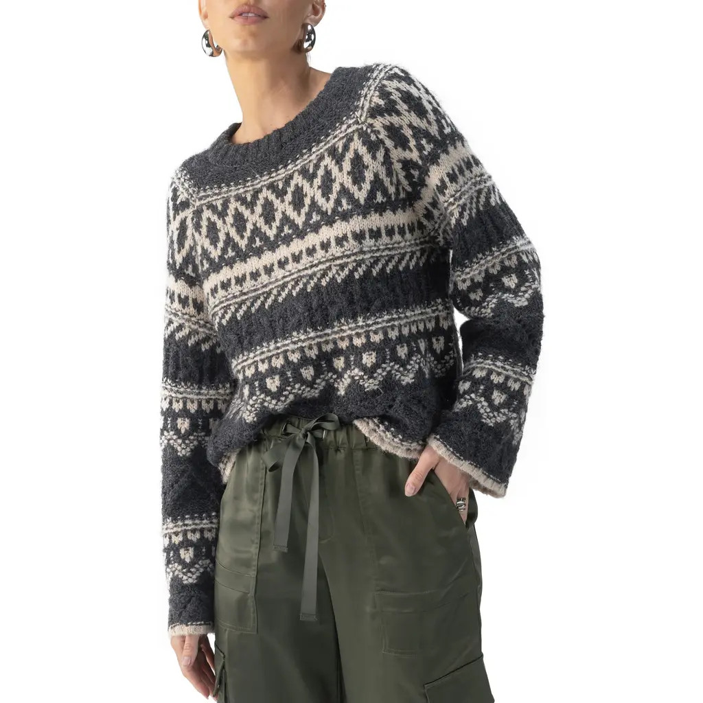 Sanctuary Fair Isle Crewneck Sweater in Heather Asphalt at Nordstrom, Size Large | Nordstrom