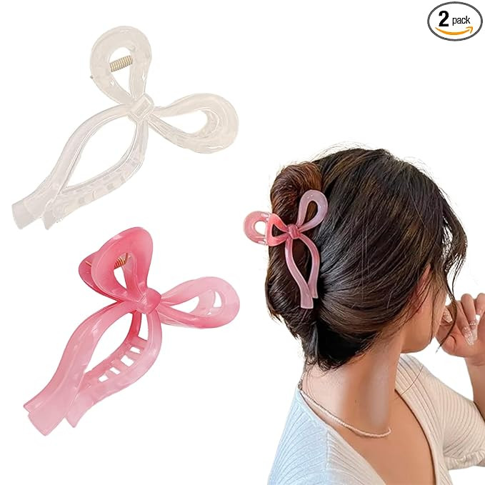 Ayesha Bows Claw Clips - 2 Colors Ribbon Coquette Clips for Thick Hair and Girls, Including Pink | Amazon (US)