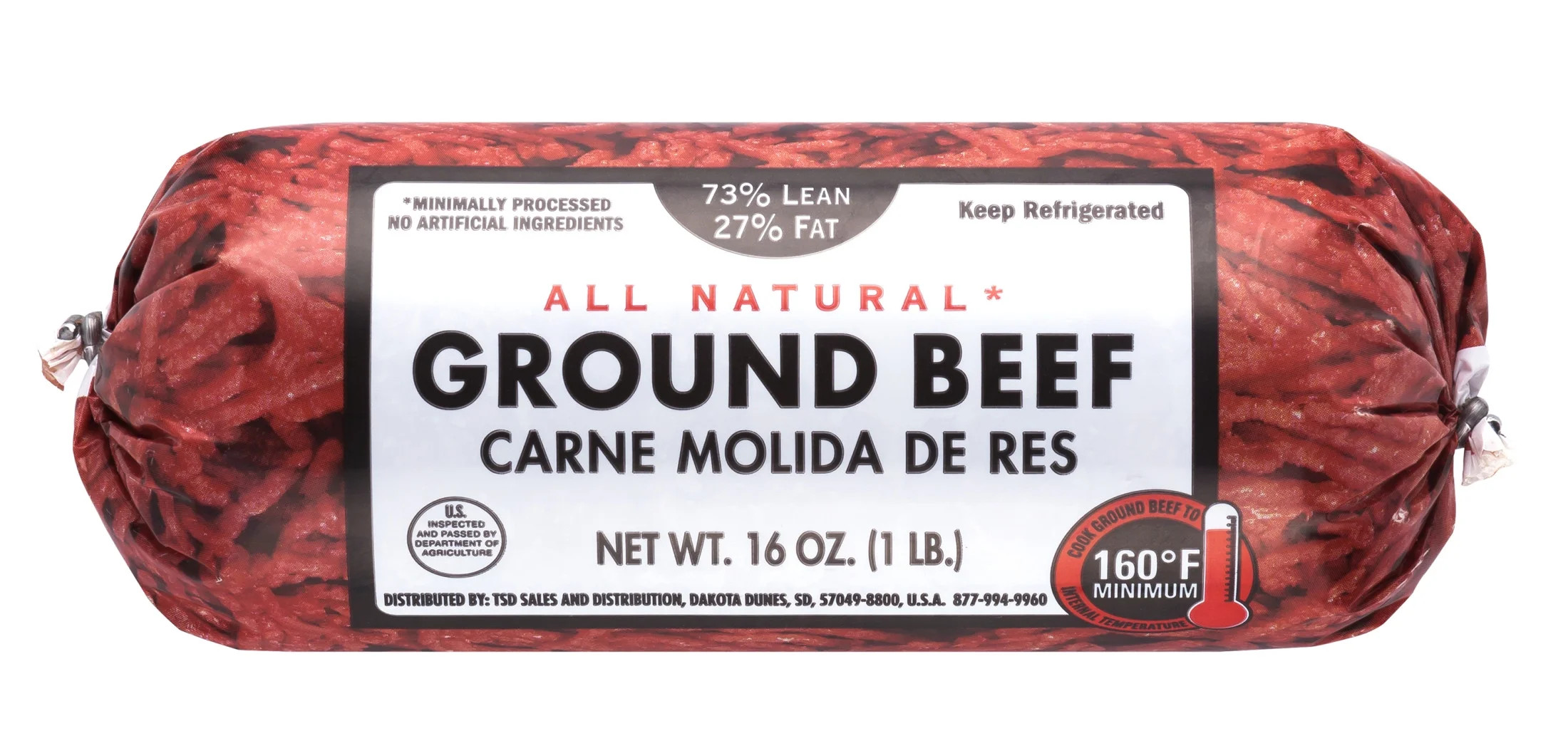 73% Lean / 27% Fat Ground Beef, 1 lb Roll, Fresh, All Natural* | Walmart (US)