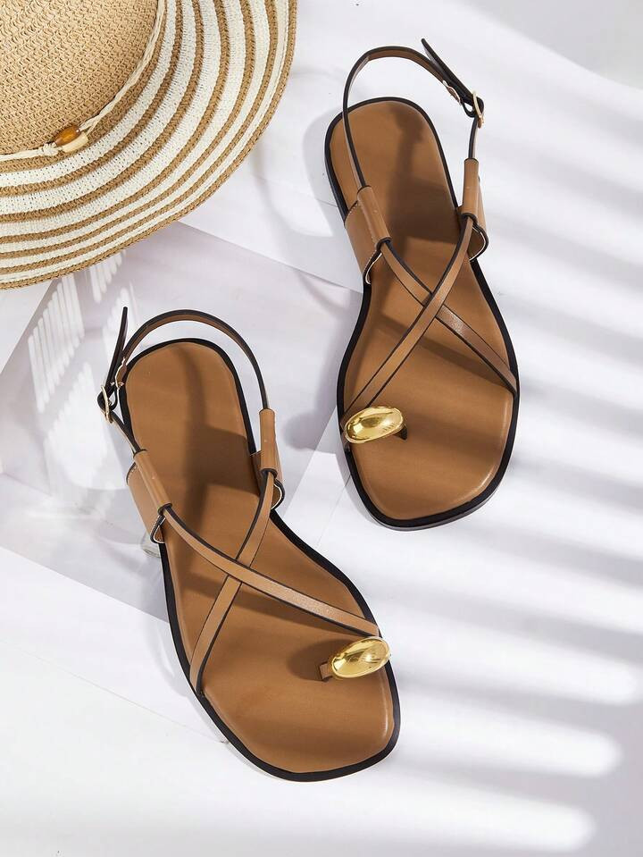 Brown Square Toe Metal Buckle Decor Casual Flat Roman Sandals, For Commute And Everyday Wear | SHEIN