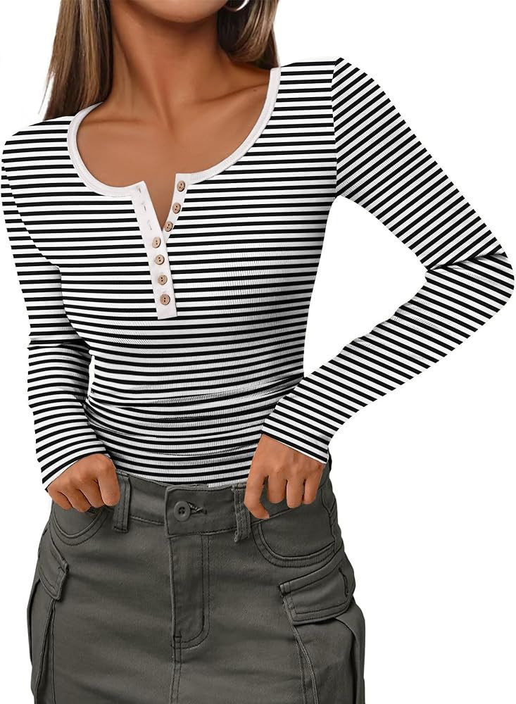 Zeagoo Womens Long Sleeve Henley T Shirts Button Ribbed Knit Slim Fitted Tee Tops Basic Casual Wo... | Amazon (US)