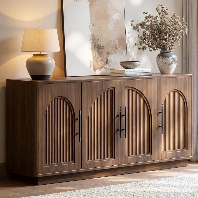 Evermagin 67IN Walnut Fluted Sideboard Buffet Cabinet with Storage,Large Wood Storage Cabinet wit... | Amazon (US)