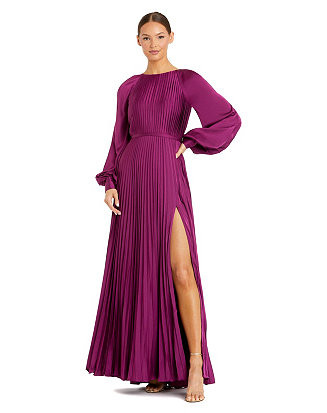 Women's Pleated High Neck Raglan Long Sleeve Side Slit Gown | Macy's