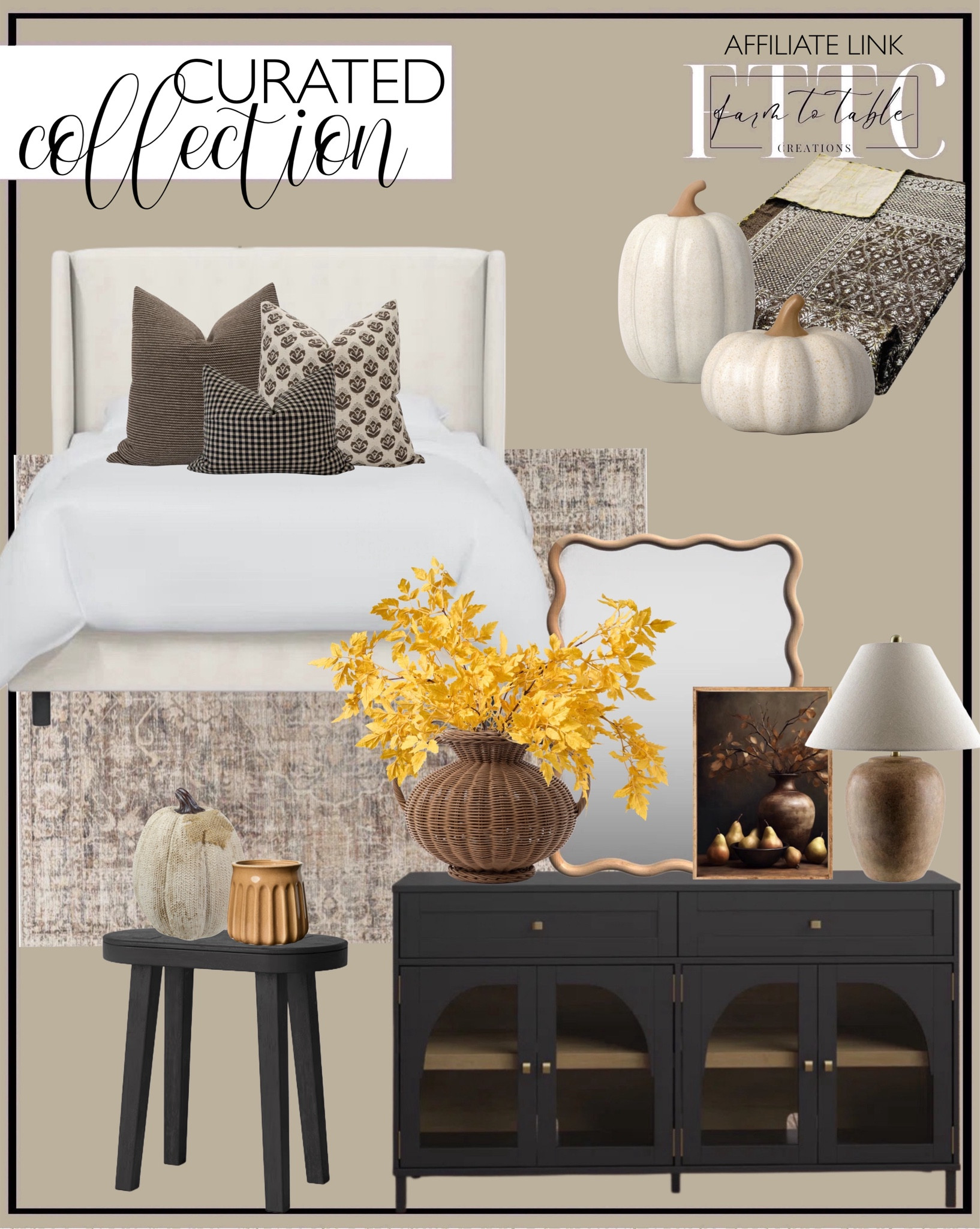 Curated Bedroom Collection. Follow @farmtotablecreations on Instagram for more inspirational.

Marlene Vintage Area Rug. Tilly Upholstered Bed. Vick Two Drawer Sideboard. Liviana Wood Novelty Wall Mirror. Eustacia Table Lamp. Antonia Vase. Autumn Stems and Pears Framed Art. Golden Yellow Faux Cimicifuga Ramosa Leaf Branch Faux Fall Spray. Brown Pillow Cover Set Moody Pillow Cover Combo. Kantha Quilt. Threshold Ceramic Pumpkins. Woodland Carved Wood Accent Table - Black - Threshold. 2-Wick Fluted Ceramic Harvest Chestnut Glazed Jar Candle. Northlight white pumpkin. 

Bedroom corner | Coffee Table Decor | Fall Decor | Fall Stem Sale | Target Finds | Skinny Bench | Bedroom | Living Room | Breakfast Nook | Amazon Home | Target Sale | Loloi Rugs | Magnolia Home | console table | console table styling | faux stems | entryway space | home decor finds | neutral decor | entryway decor | cozy home | affordable decor |  home decor | home inspiration | fall stems | fall console | spring vignette | fall decor | fall decorations | console styling | entryway rug | cozy moody home | moody decor | neutral home



#LTKFindsUnder50 #LTKHome #LTKSaleAlert