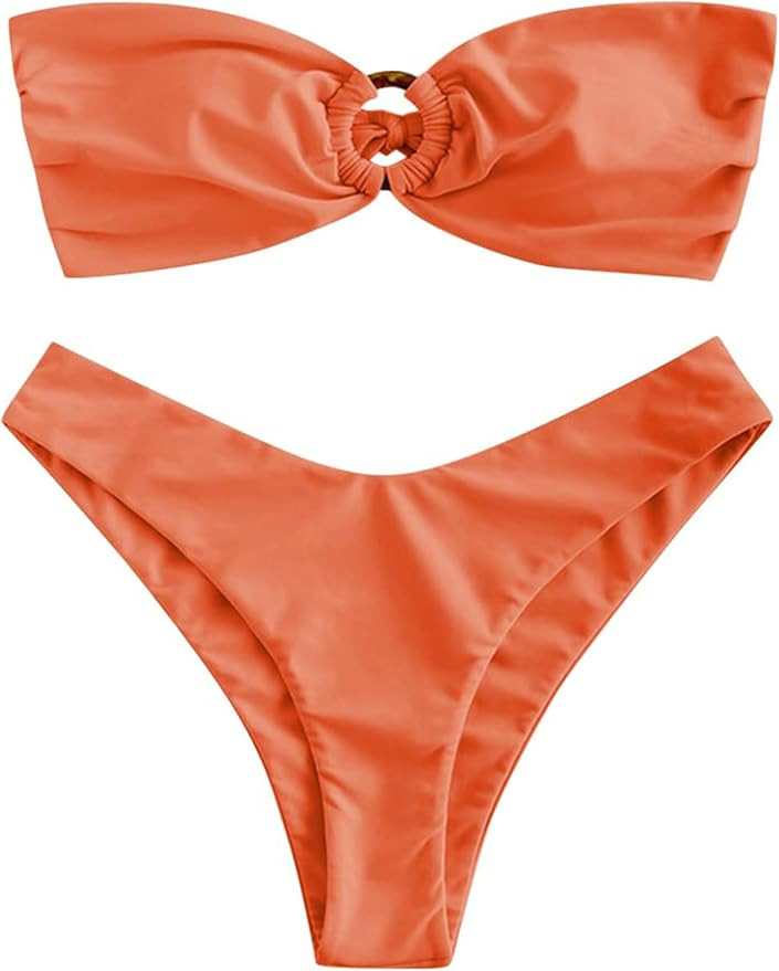 ZAFUL Women's Bandeau Bikini O Ring Strapless Tie Back High Cut Two Piece Swimsuit Bathing Suits | Amazon (US)