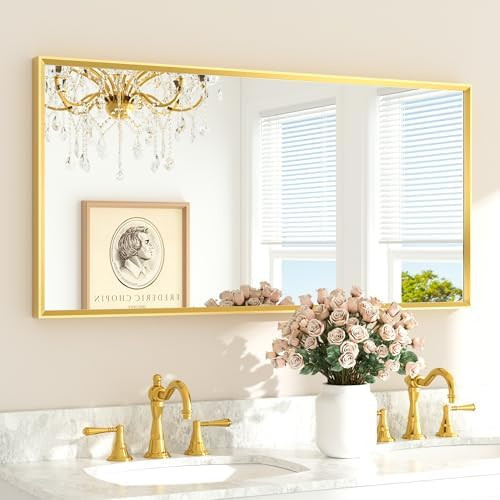 TETOTE Brushed Gold Frame Mirror for Bathroom Wall 48" x 24" Brushed Brass Beveled Rectangle Bath... | Amazon (US)