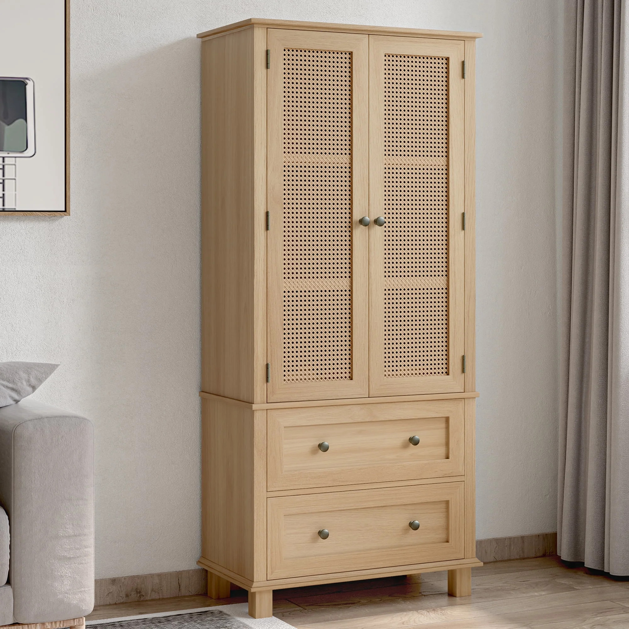 Homfa Rattan Cabinet with Doors, Tall Storage Cabinet with 2 Drawers, Narrow Accent Versatile Cab... | Walmart (US)