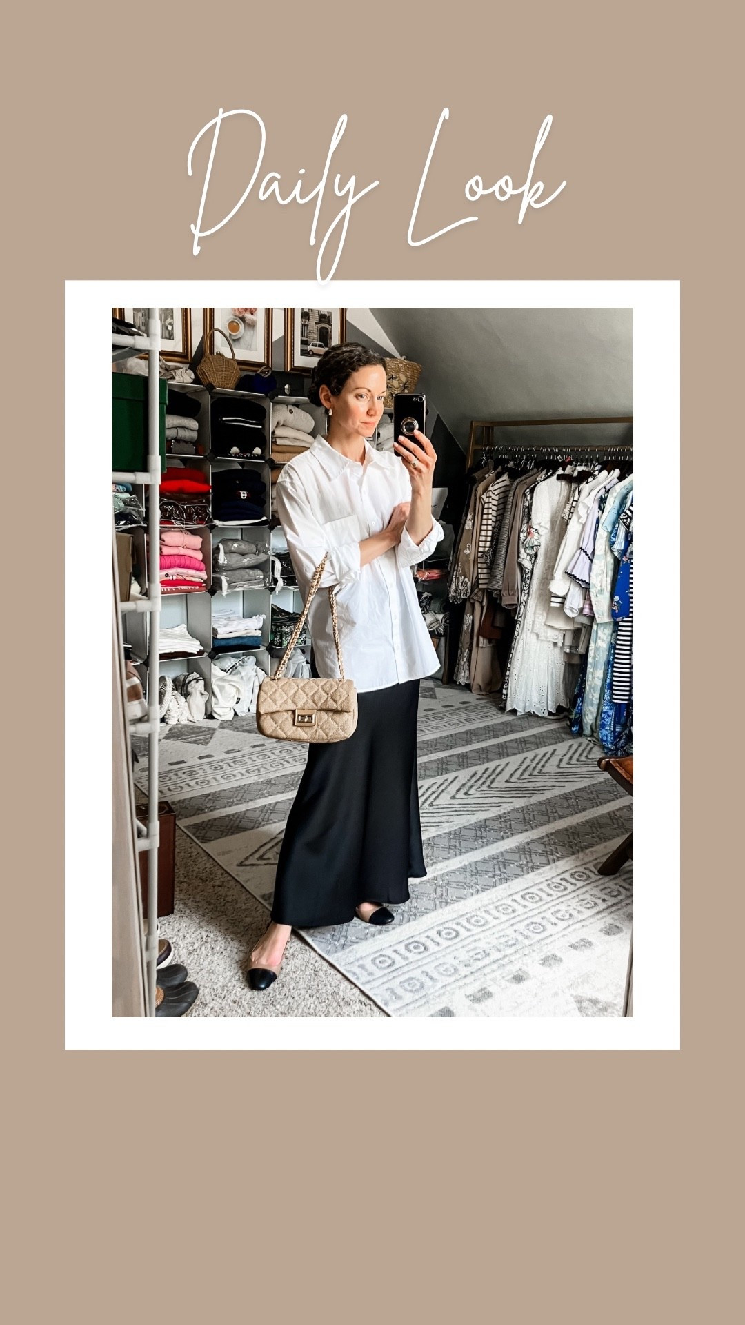 Oversized button up and satin maxi skirt for spring!
White cotton button up shirt from Banana Republic Factory. 
Black satin maxi skirt from Amazon. 
Gold and white topaz earrings from Peachmind. 
Citrine and white topaz cocktail ring from Nordstrom. 
Beige quilted handbag from Urban Expressions. 
Sling back cap toe flats from Steve Madden. 
Petite outfit. Neutral outfit. Spring outfit. Classic outfit. Parisian outfit  

#LTKdayinmylife #LTKgrwm #LTKootd