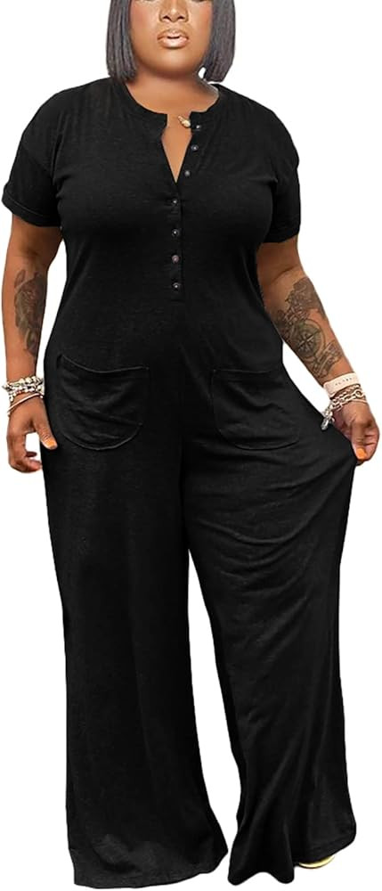 Plus Size Jumpsuits for Women Casual Wide Leg Crew Neck Short Sleeve Long Pants Romper With Pocke... | Amazon (US)