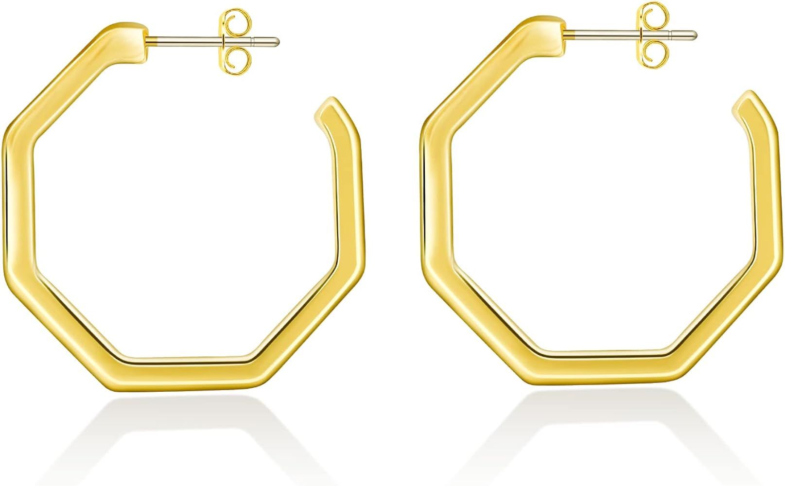 Chunky Open Hoop Earrings Women: 14K Gold Plated Octagon Geometric Simple Hypoallergenic Fashion ... | Amazon (US)