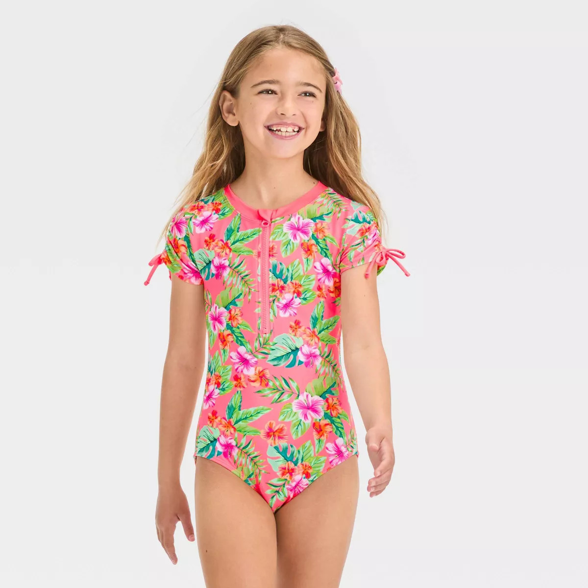 Girls' Tropical Charm Leaf Printed One Piece Rash Guard Swimsuit - Cat & Jack™ | Target