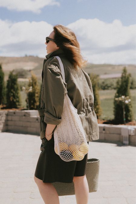Off to farmer’s market: utility jacket (mine is by Zadig & Voltaire, super similar looking one by Madewell is on sale rn) + black leather shorts (& Other stories, linked to my Poshmark) + summer basket (Bottega Veneta). 
This look is inspired by Anine Bing Summer campaign with Kate Moss. 

#LTKSeasonal #LTKSaleAlert #LTKFindsUnder100