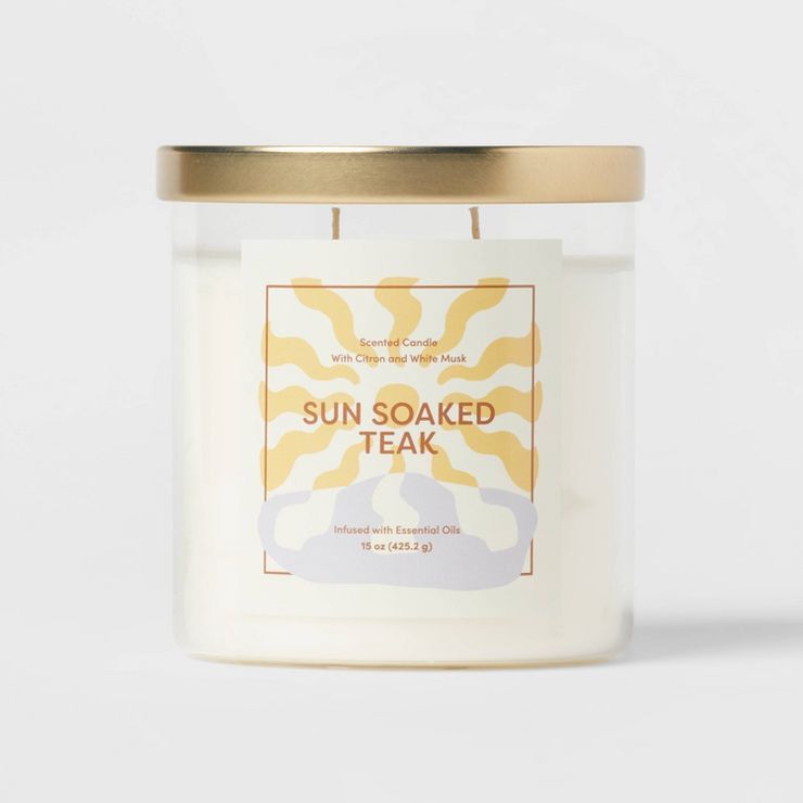 15oz Glass Jar Sun Deck Graphic Label Sun Soaked Teak Candle Yellow - Opalhouse™ | Target