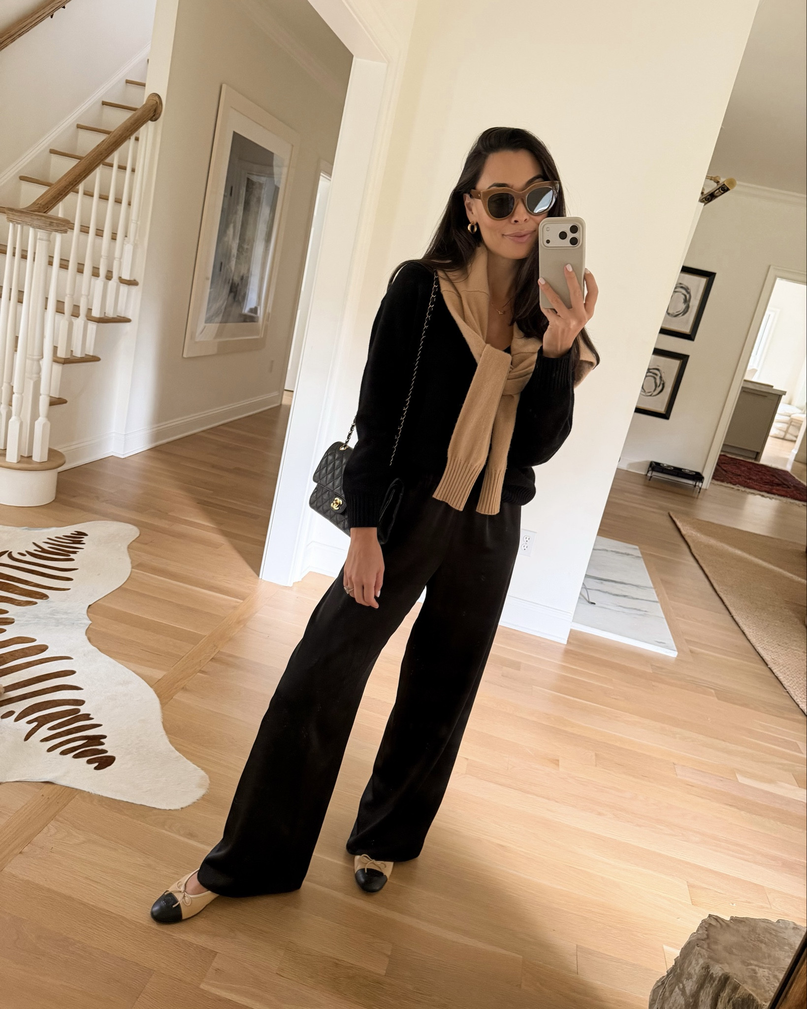 Jenni Kayne black silk pants, lunch outfit, fall outfit, Chanel bag, Chanel ballet flats, Kat Jamieson style. 

#LTKShoeCrush #LTKSeasonal #LTKWorkwear
