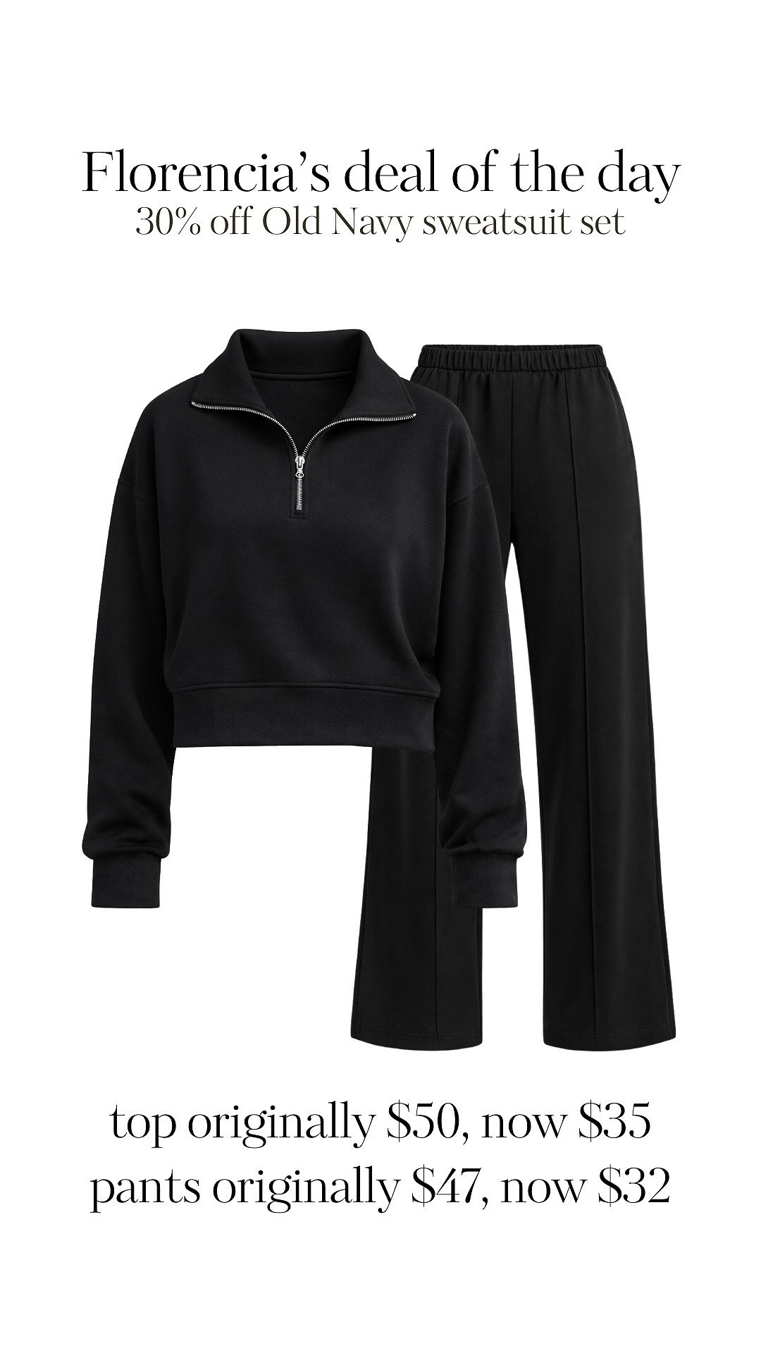 Good evening ladies! Happy Friday🥰🖤🖤

Today’s deal of the day is a sweatsuit set from Old Navy, I am loving the quarter zips lately- especially when paired with a matching pant!

Sets like this can run you over $200 at athleisure stores, but I’ve been impressed with Old Navy’s quality and pricing🫶🏽🫶🏽

If you wanna try out a set like this for traveling / weekend wear, this one would be a great piece to add to your wardrobe 🥳🥳