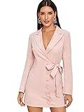 MakeMeChic Women's Solid Lapel Collar Button Through Tie Side Wrap Blazer Dress Pink M | Amazon (US)