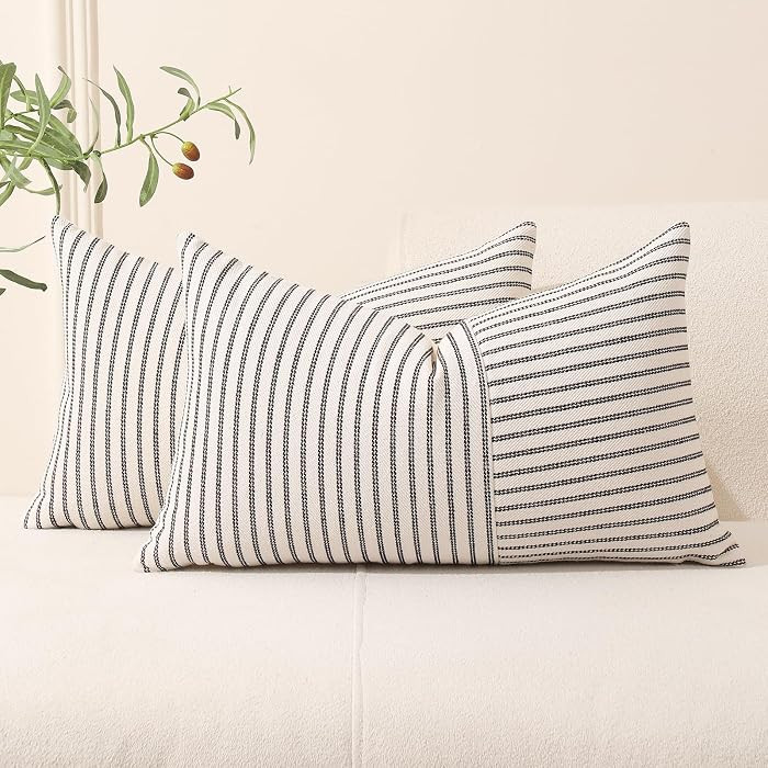 Hckot Farmhouse Pillow Covers 12x20, Lumbar Throw Pillow Covers Set of 2, Black Striped Patchwork... | Amazon (US)