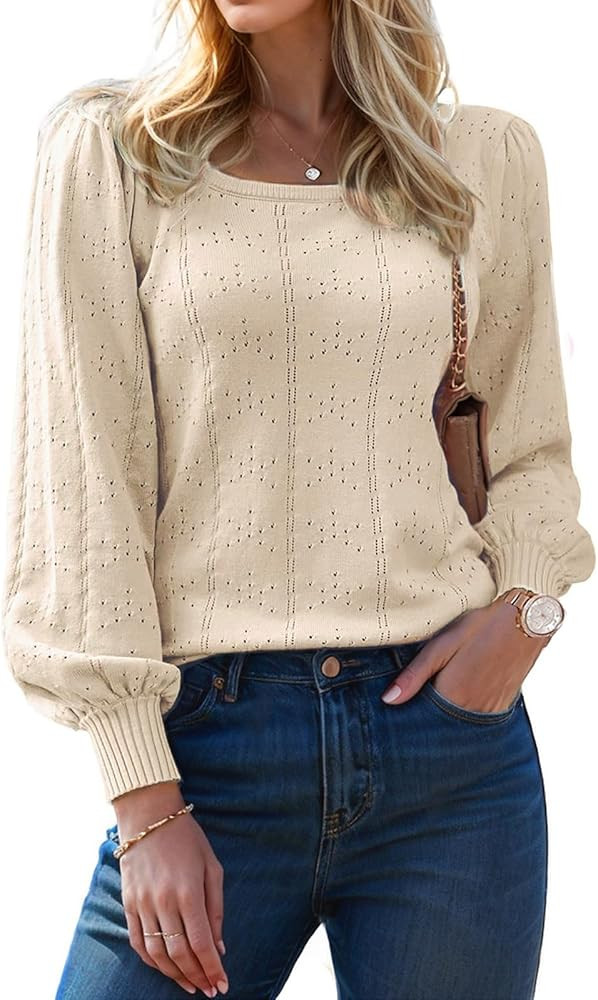 XINWEZZ Womens Sweaters Fall 2024 Casual Puff Long Sleeve Square Neck Cozy Knitted Pullover Sweat... | Amazon (US)
