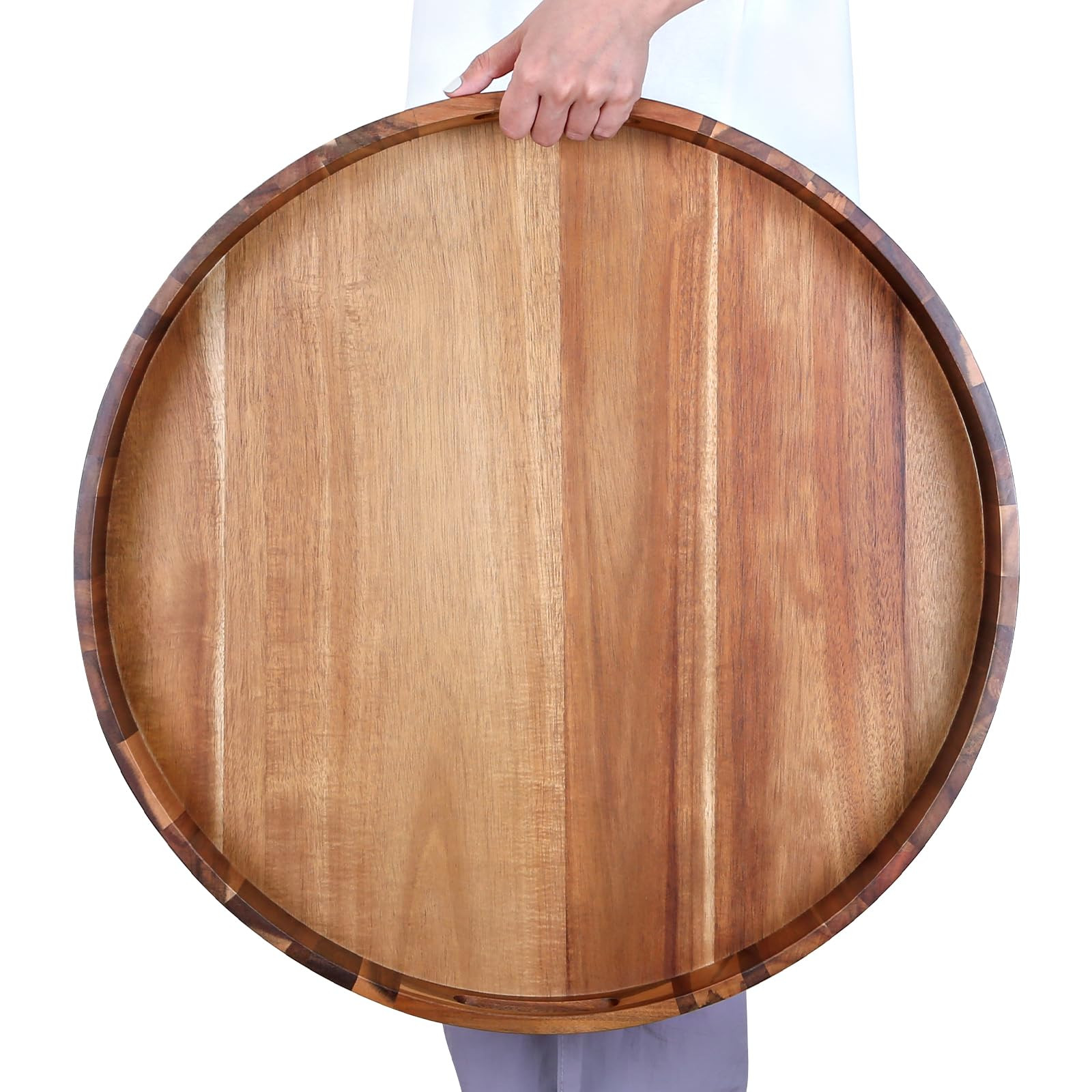 Extra Large 20INCH Premium Acacia Wood Tray Round Ottoman Tray with Handles Wooden Serving Tray M... | Amazon (US)