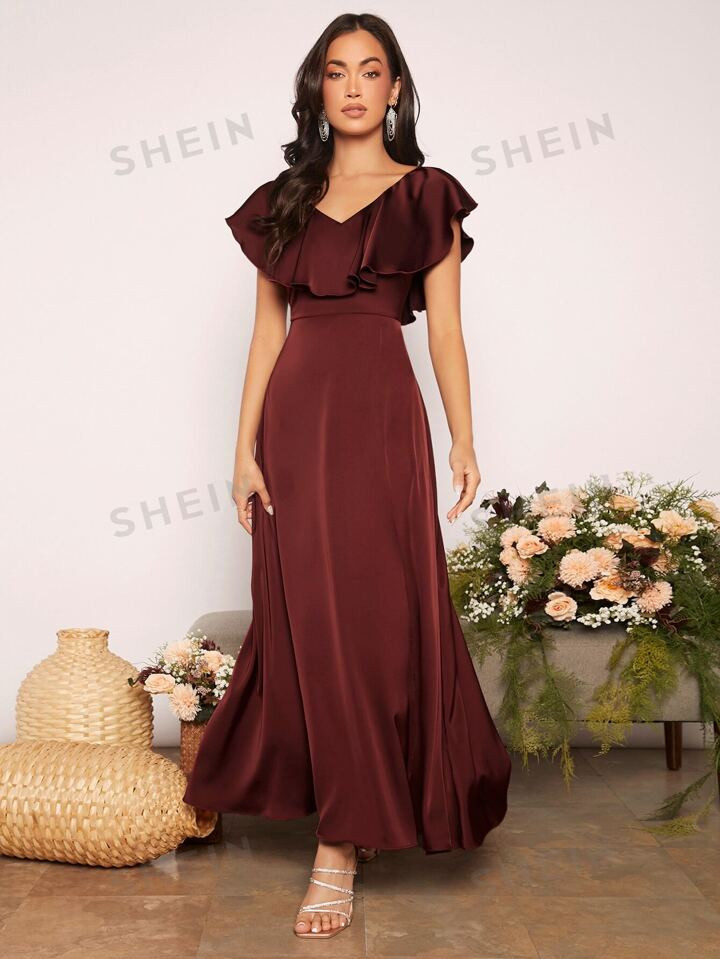 SHEIN Belle Ruffle Trim Slit Thigh Satin Bridesmaid Dress | SHEIN