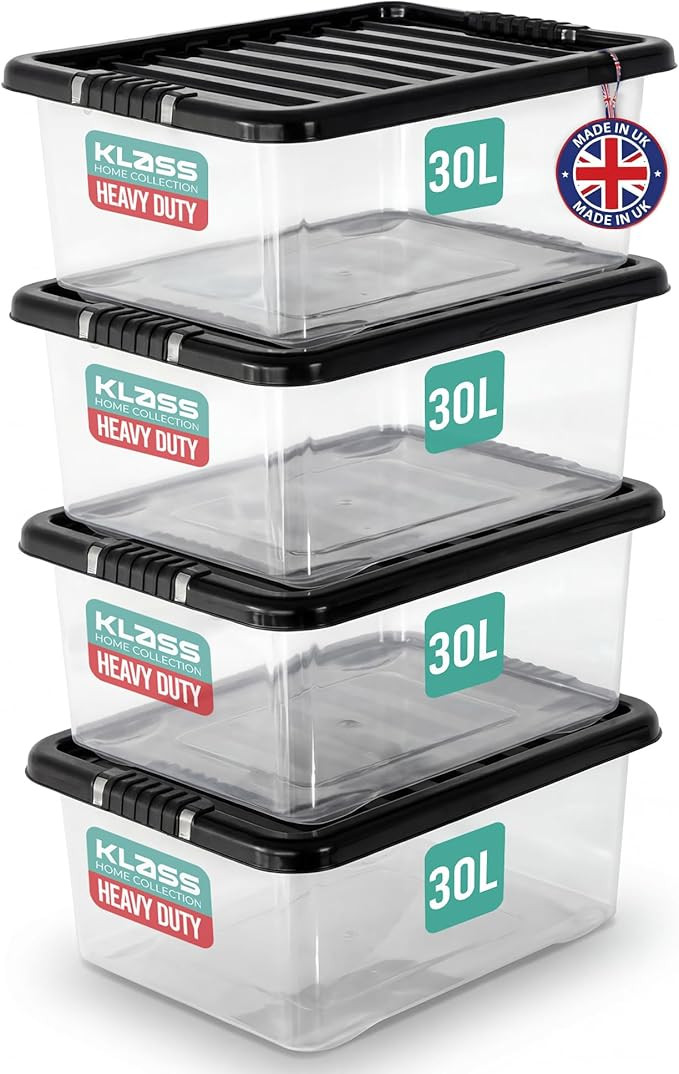 KLASS 4 PCS 30L Plastic Storage Boxes with Lids, Clear Underbed Storage Box | Amazon (UK)
