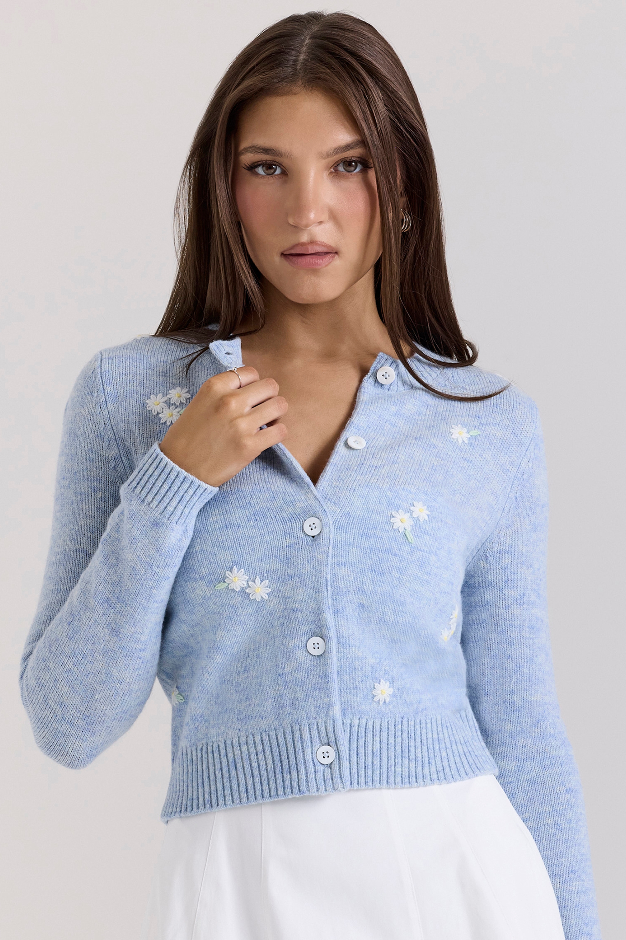 blue lambswool floral embroidered cardigan | House of CB