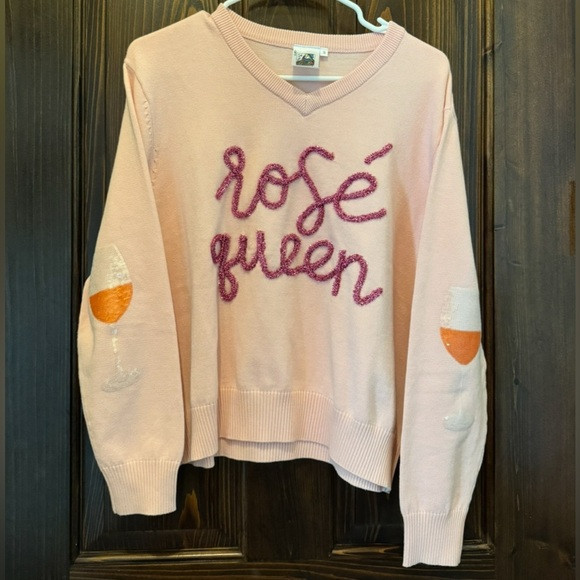 QUEEN OF SPARKLES Pink V-Neck Sweater with Rosé Queen Design | Poshmark