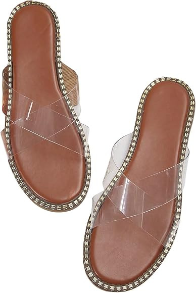 GORGLITTER Women's Clear Flat Sandals Rhinestone Transparent Summer Slide Sandals for Women Dress... | Amazon (US)