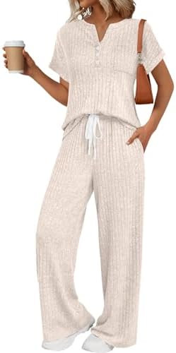 LILLUSORY Women's 2 Piece Matching Lounge Sets Summer Henley Neck Wide Leg Pants Casual Sweat Sui... | Amazon (US)