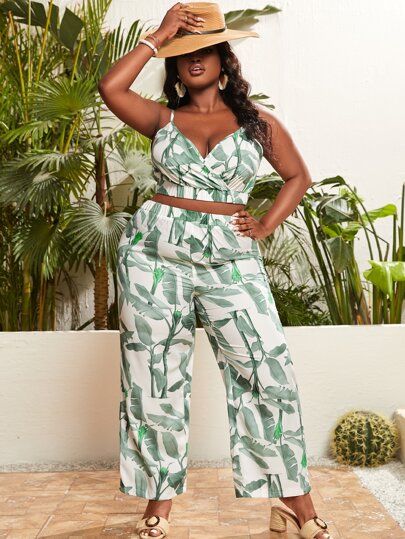SHEIN SXY Plus Tropical Print Crop Cami Top & Wide Leg Pants | SHEIN