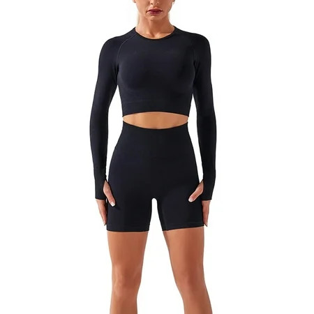 Suanret Women's Yoga Sets Workout Running Tops Seamless High Waist Sports Shorts | Walmart (US)