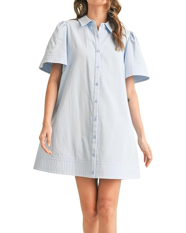 Womens Short Sleeve Button Down Mini Shirt Dress Lapel Collar Short Dresses with Pocket | Amazon (US)