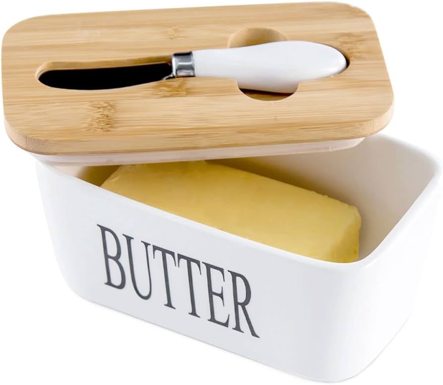Hasense Porcelain Butter Dish with Bamboo Lid - Covered Butter Dish with Butter Knife for Counter... | Amazon (US)