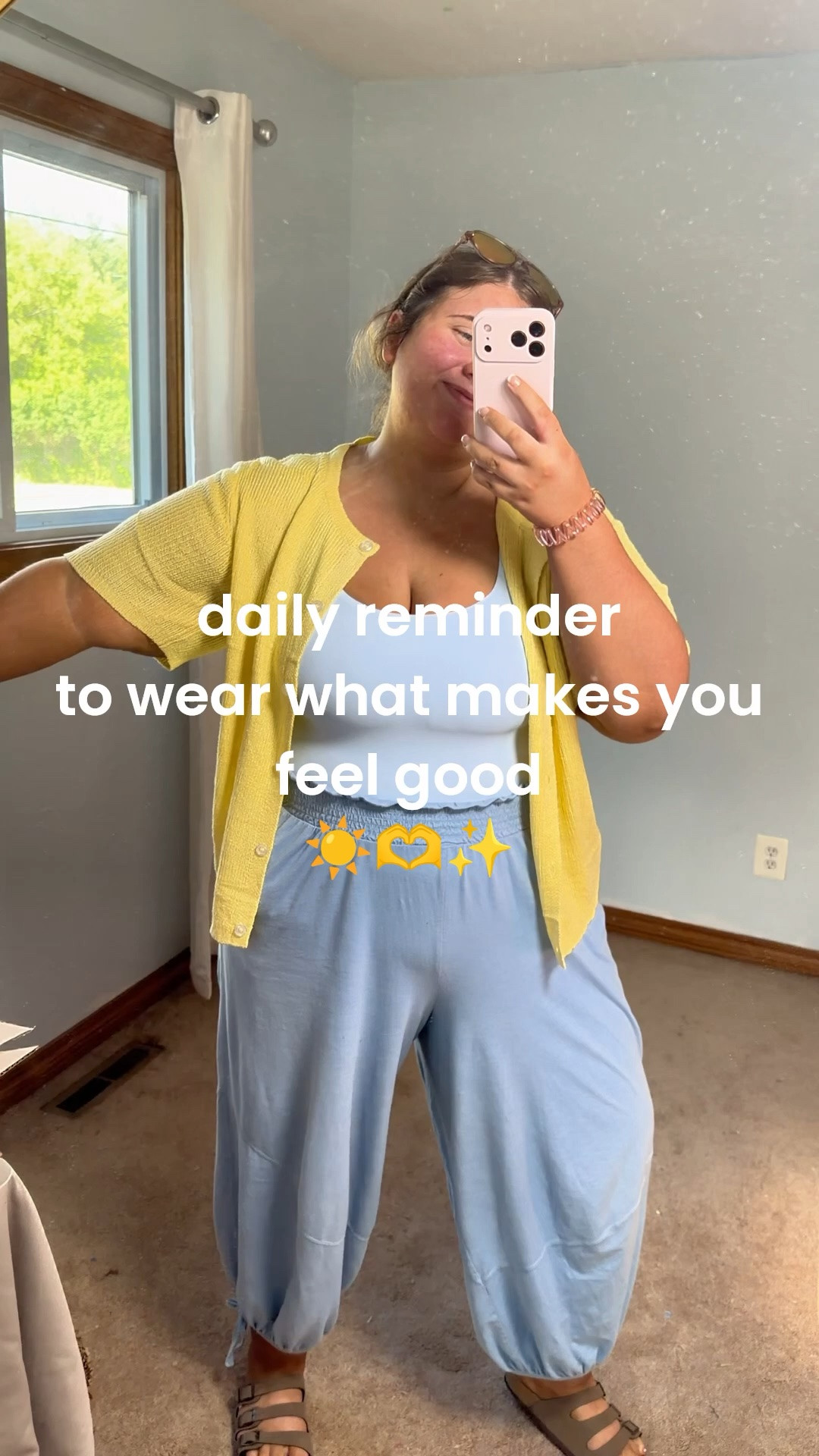 wearing what makes you happy is the easiest way to love your life 💛 I’m wearing a size xxl in the joggers, xxl in the cardigan,  xl in the tank and a size 10 in the shoes 💛