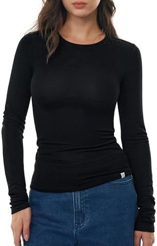 Women's Merino Wool Blend Shirts Long Sleeve Tops Crew Neck Fitted Basic Tee Cozy Embrace Collect... | Amazon (US)