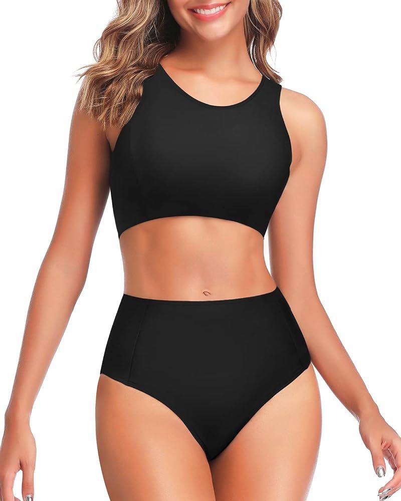 Tempt Me Women Two Piece High Waisted Bikini Set Sporty Swimsuits High Neck Racerback Bathing Suit w | Amazon (US)