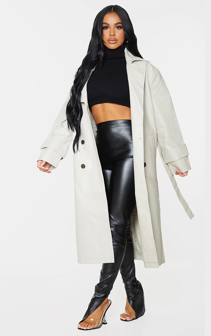 Petite Stone Faux Leather Sleeve Detail Trench Coat | PrettyLittleThing US