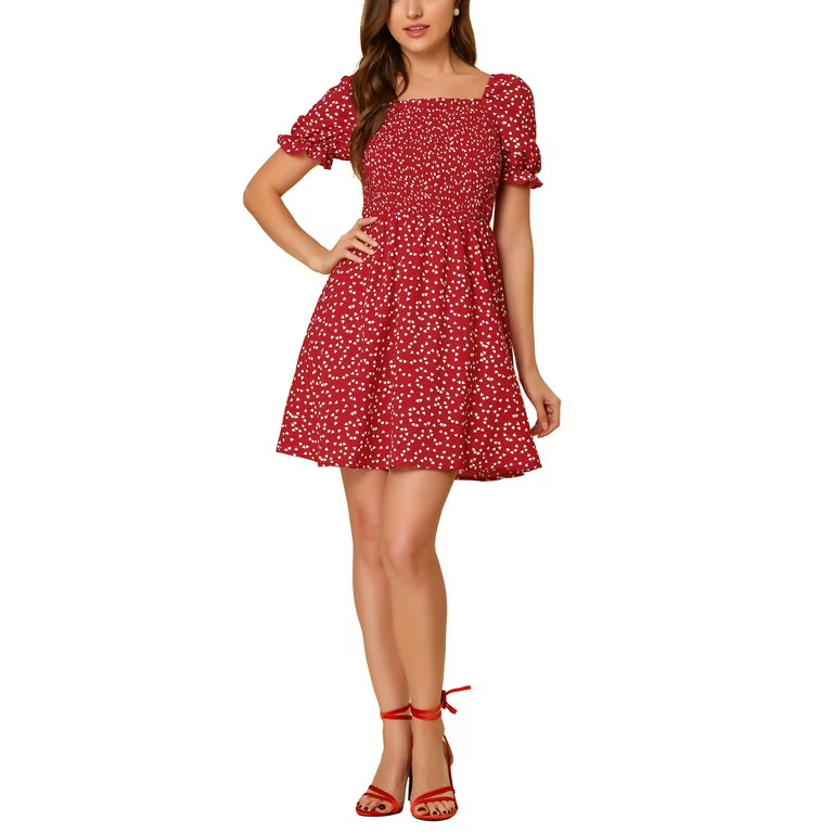 Allegra K Women's Heart Print Ruffled Square Neck A-Line Smocked Short Dress - Walmart.com | Walmart (US)