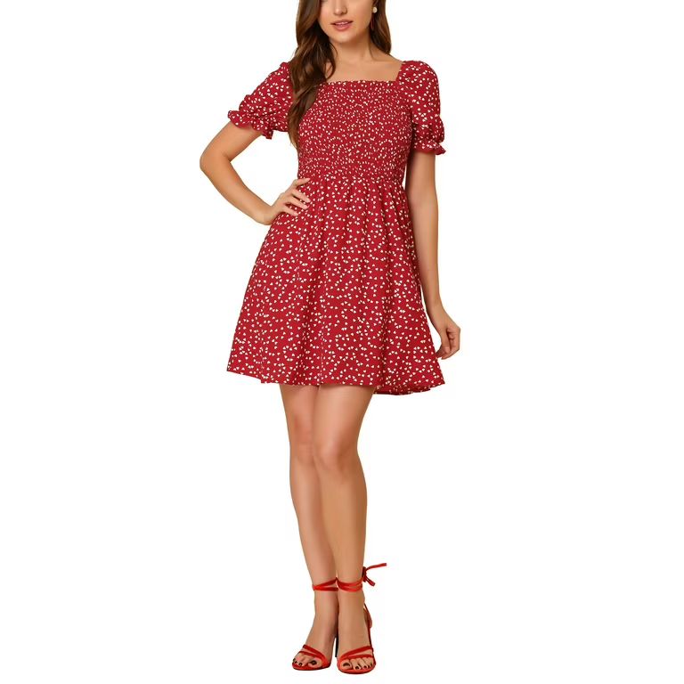 Allegra K Women's Heart Print Ruffled Square Neck A-Line Smocked Short Dress - Walmart.com | Walmart (US)